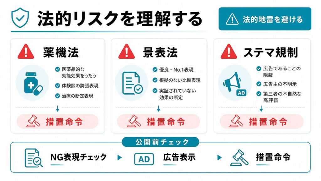 YMYL記事の法的リスク:薬機法・ステマ規制を実例で理解する